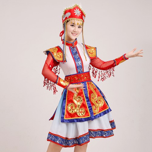 Red gold Mongolian Dance Costumes Female Performance cosplay Wear Paillette Skirt Robe Women Nation Dancing Clothes with Hat